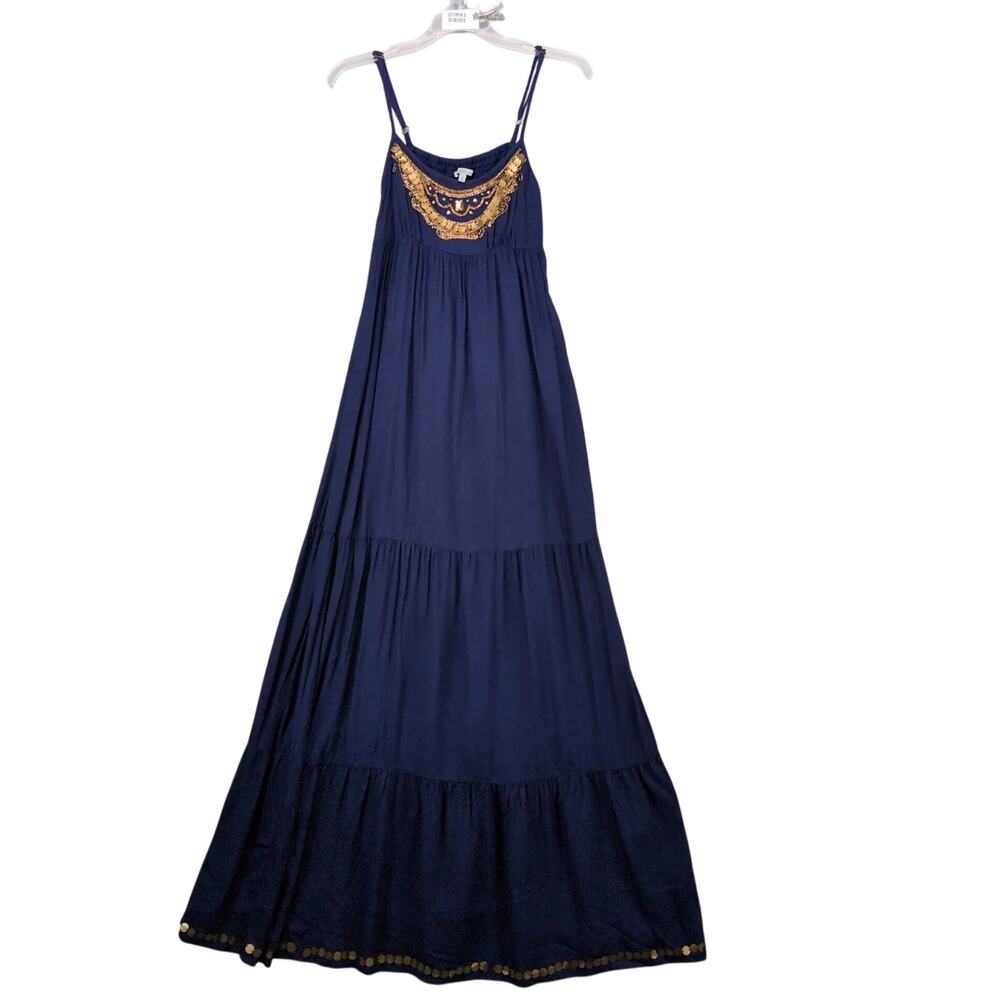 Charlotte Russe Navy Tiered Maxi Dress S Brass Beads Spaghetti Straps High Waist
